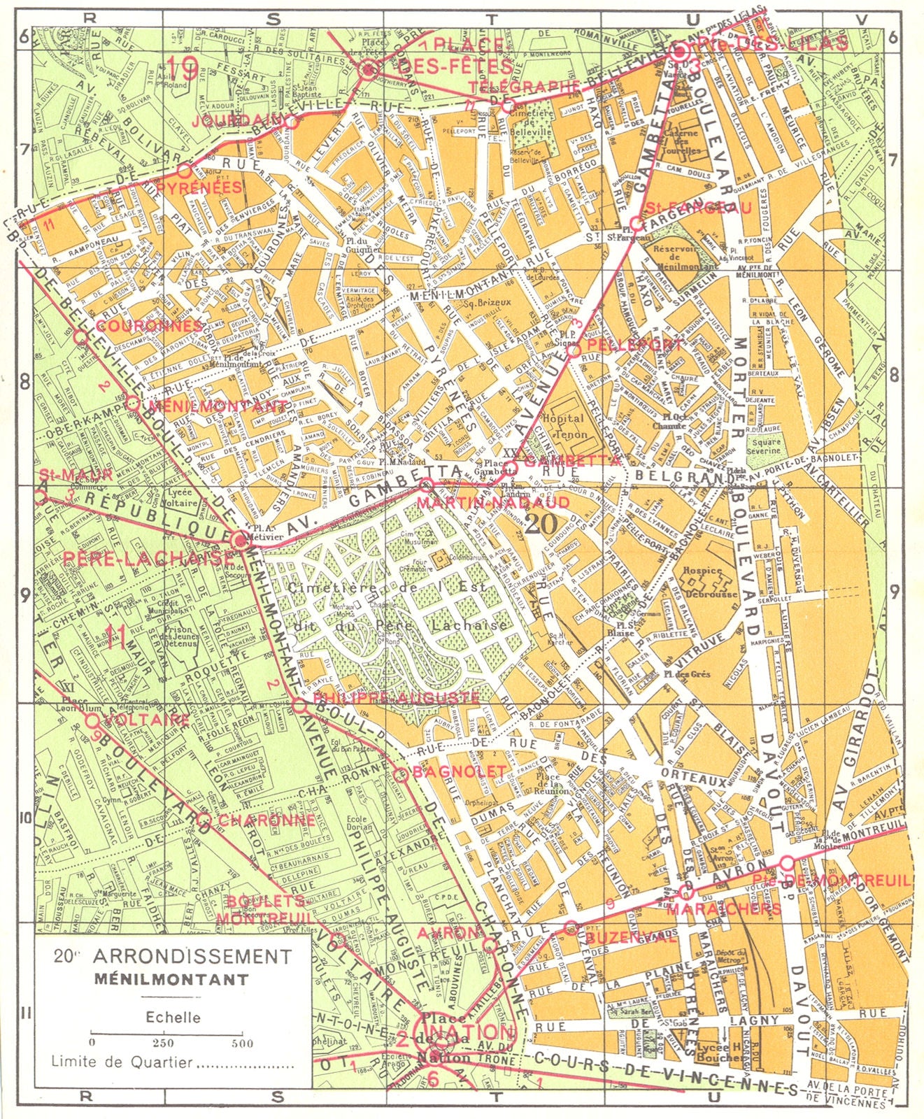 PARIS. 20e Arrondissement Menilmontant 1920 old antique vintage map plan chart